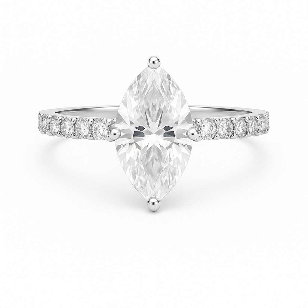 Marquise cut moissanite engagement ring side view highlighting elongated center stone and delicate band design