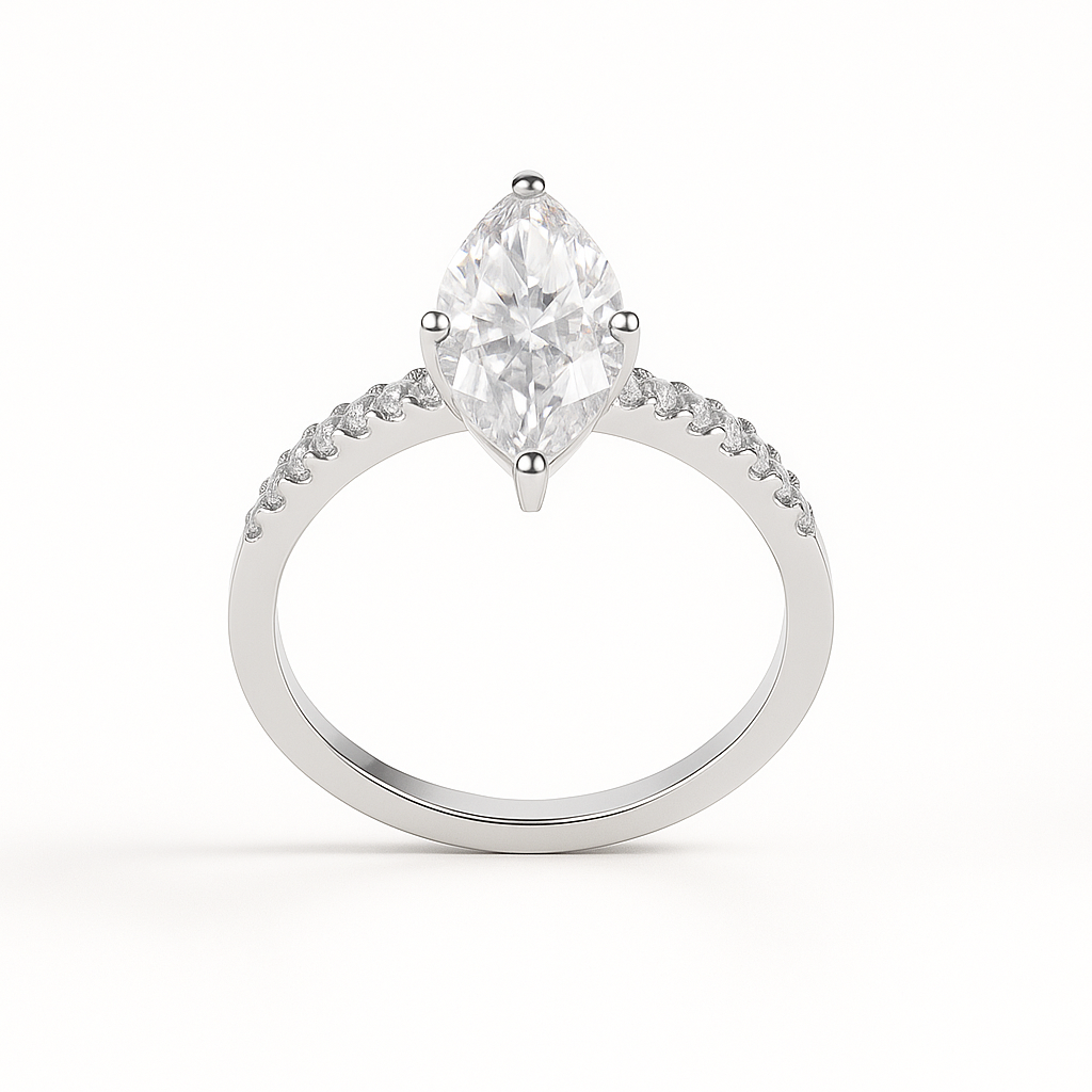 Marquise cut moissanite engagement ring photographed from above showing pointed oval shape and surrounding pavé stones