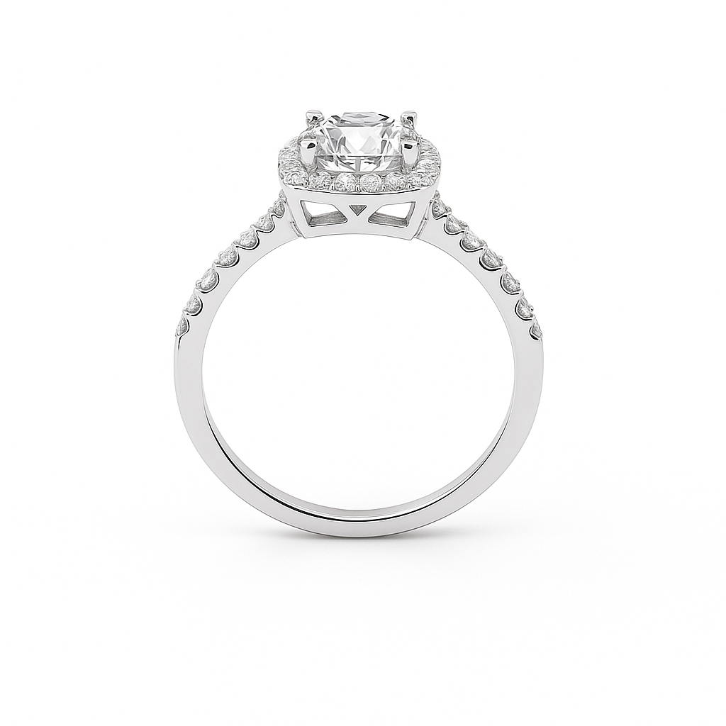 Cushion cut moissanite halo engagement ring side view on clean background showing band detail and setting height