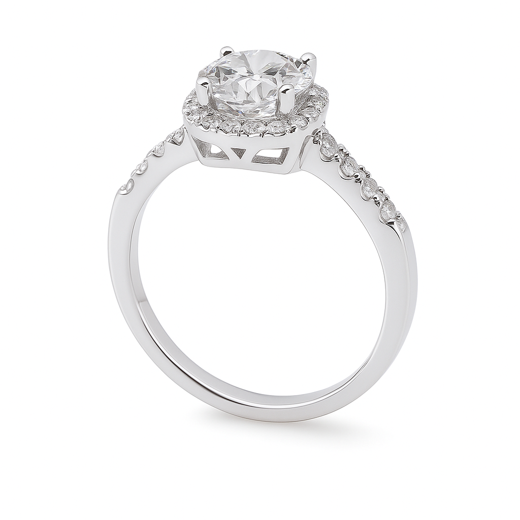 Cushion cut moissanite halo engagement ring side view on clean background showing band detail and setting height