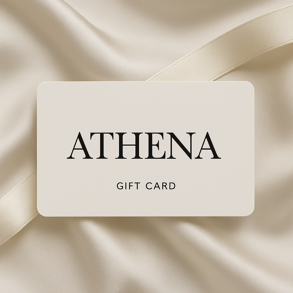 Gift card with 'ATHENA' branding on a beige fabric background